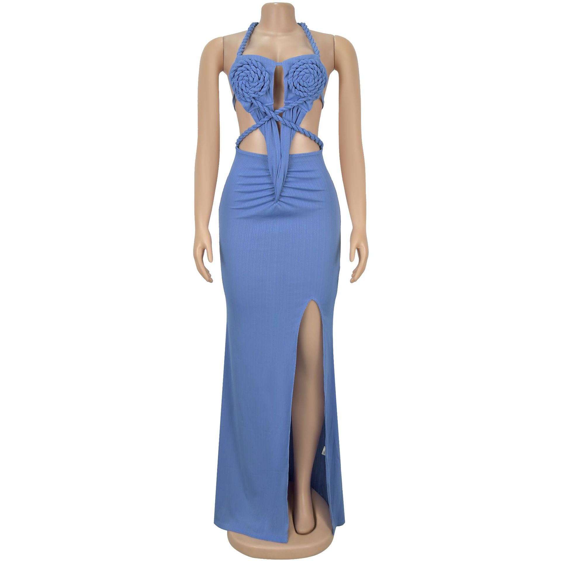 CM.YAYA Women Hemp Rope Halter Neck Stacked Ruched High Split Knit Bodycon Midi Maxi Long Dress 2025 Birthday Sexy Party Dresses CM.YAYA Women Hemp Rope Halter Neck Stacked Ruched High Split Knit Bodycon Midi Maxi Long Dress 2025 Birthday Sexy Party Dresses