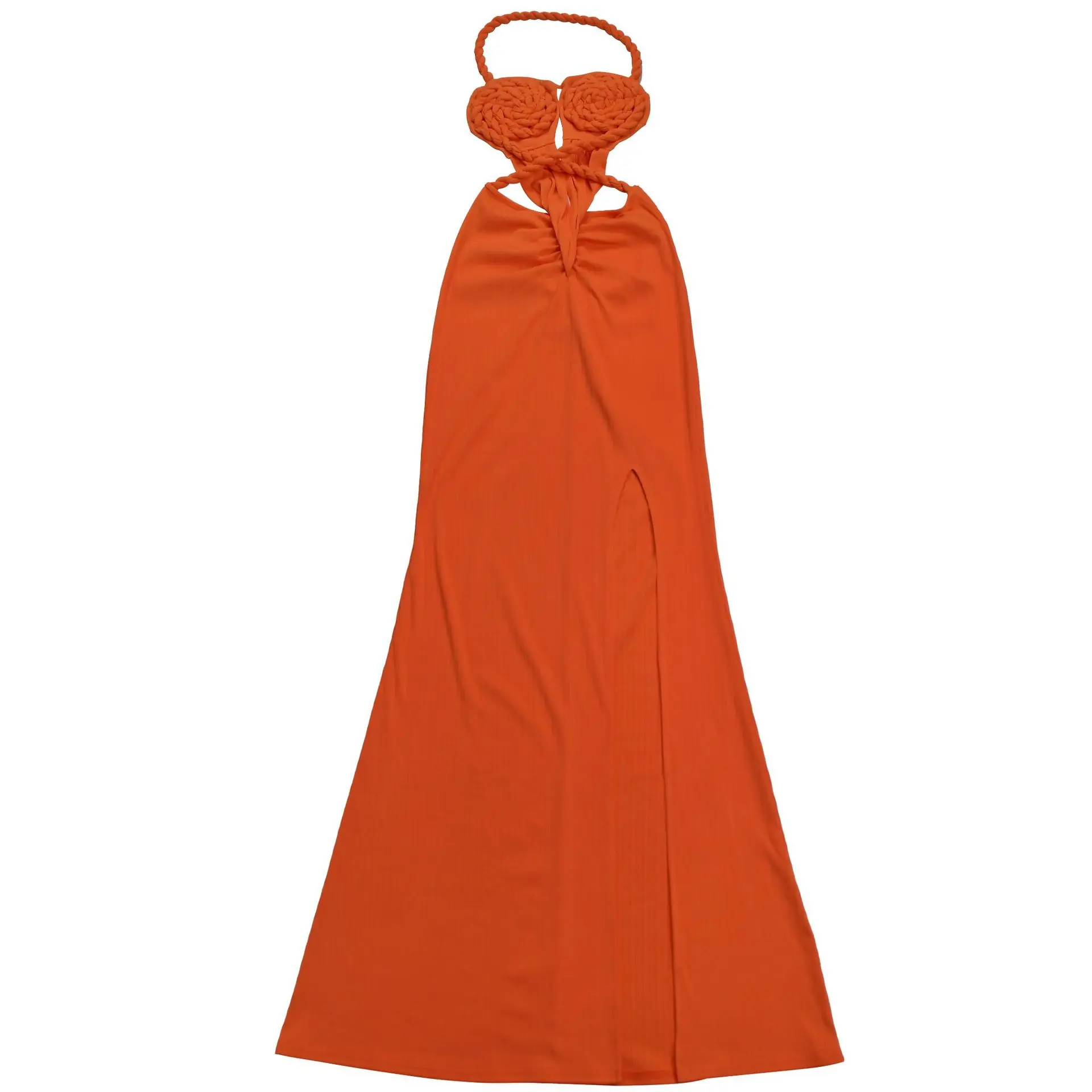 CM.YAYA Women Hemp Rope Halter Neck Stacked Ruched High Split Knit Bodycon Midi Maxi Long Dress 2025 Birthday Sexy Party Dresses CM.YAYA Women Hemp Rope Halter Neck Stacked Ruched High Split Knit Bodycon Midi Maxi Long Dress 2025 Birthday Sexy Party Dresses