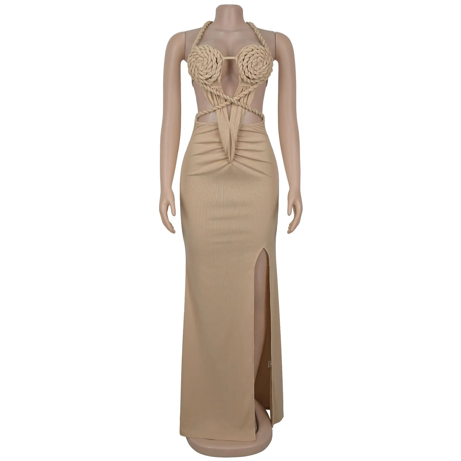 CM.YAYA Women Hemp Rope Halter Neck Stacked Ruched High Split Knit Bodycon Midi Maxi Long Dress 2025 Birthday Sexy Party Dresses CM.YAYA Women Hemp Rope Halter Neck Stacked Ruched High Split Knit Bodycon Midi Maxi Long Dress 2025 Birthday Sexy Party Dresses
