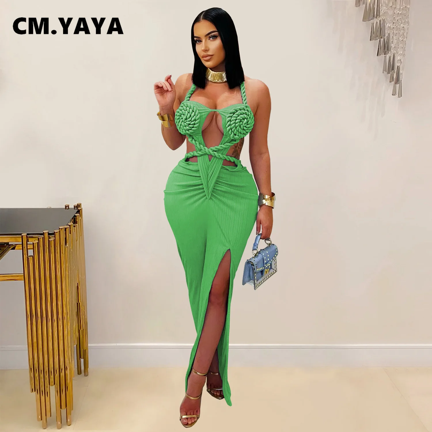 CM.YAYA Women Hemp Rope Halter Neck Stacked Ruched High Split Knit Bodycon Midi Maxi Long Dress 2025 Birthday Sexy Party Dresses