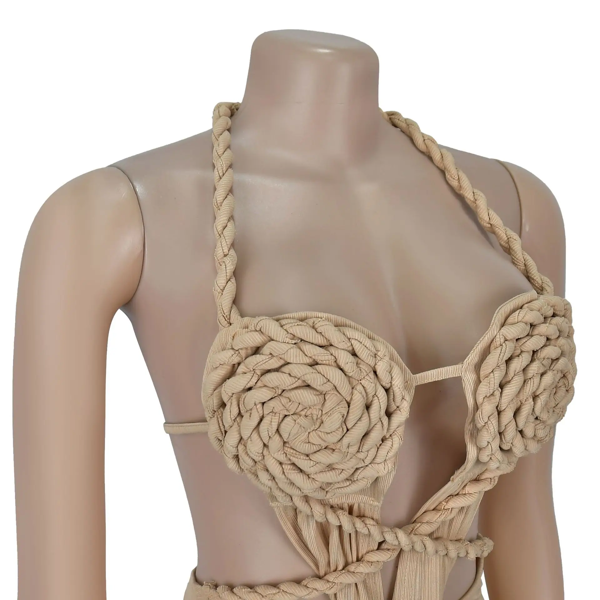 CM.YAYA Women Hemp Rope Halter Neck Stacked Ruched High Split Knit Bodycon Midi Maxi Long Dress 2025 Birthday Sexy Party Dresses CM.YAYA Women Hemp Rope Halter Neck Stacked Ruched High Split Knit Bodycon Midi Maxi Long Dress 2025 Birthday Sexy Party Dresses