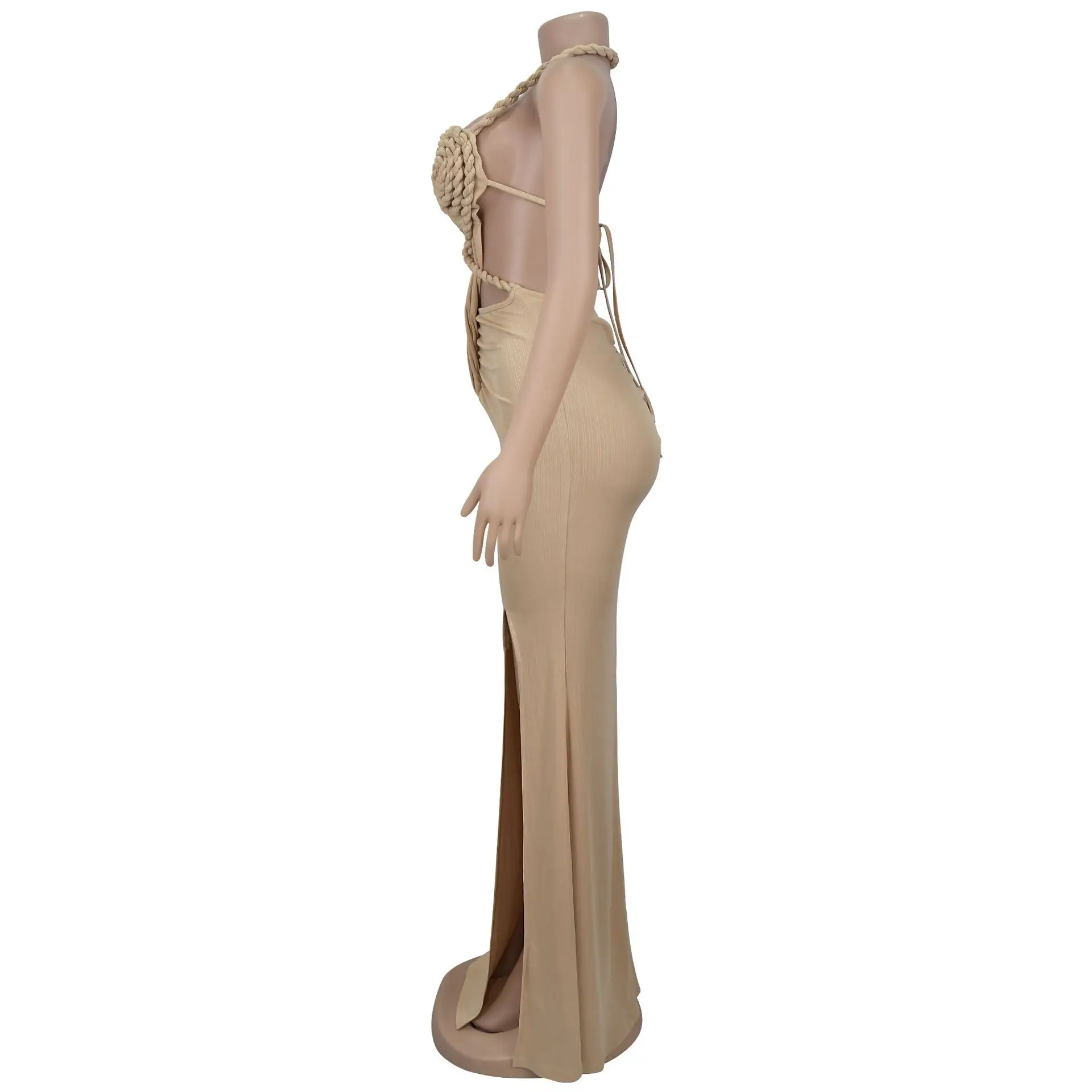 CM.YAYA Women Hemp Rope Halter Neck Stacked Ruched High Split Knit Bodycon Midi Maxi Long Dress 2025 Birthday Sexy Party Dresses CM.YAYA Women Hemp Rope Halter Neck Stacked Ruched High Split Knit Bodycon Midi Maxi Long Dress 2025 Birthday Sexy Party Dresses