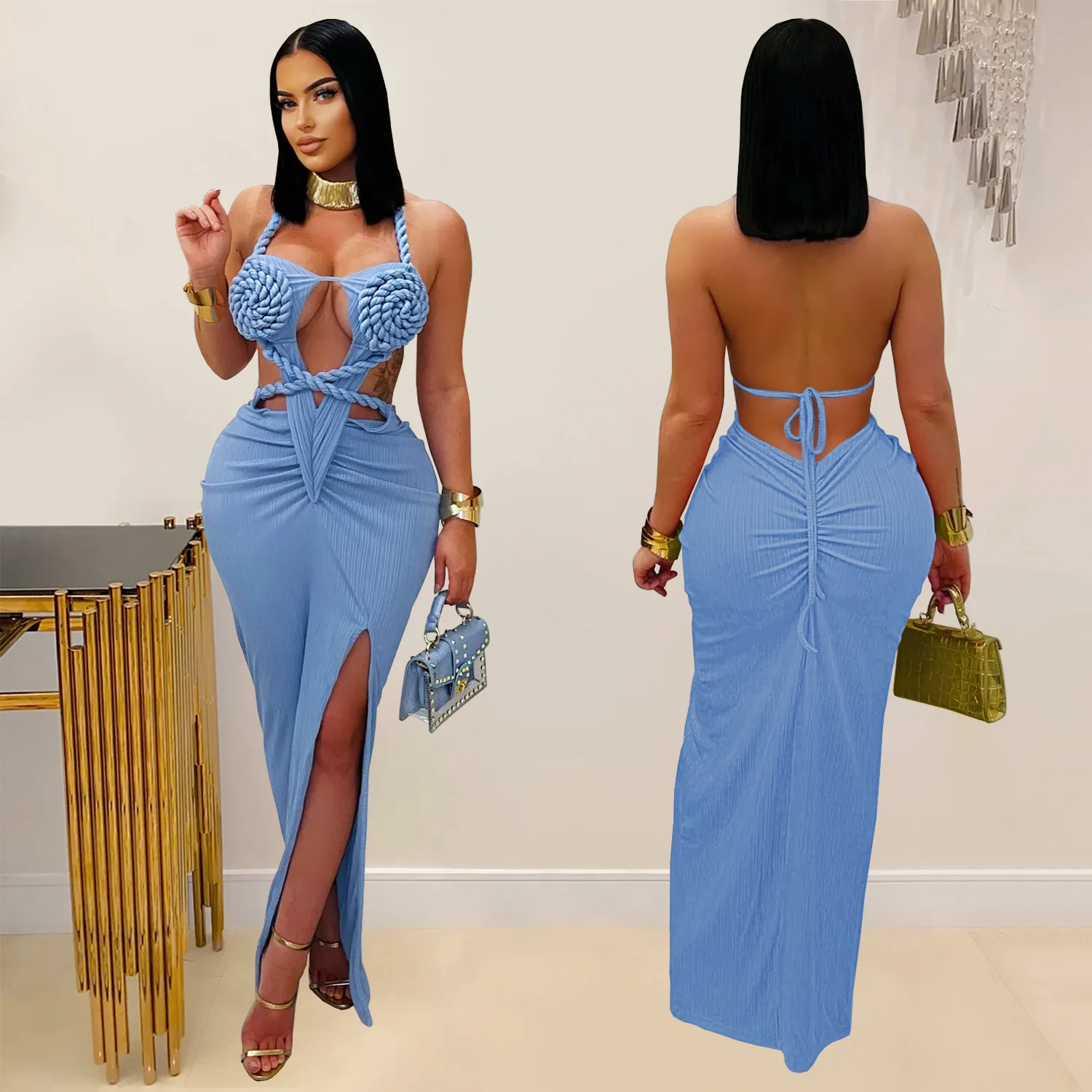 CM.YAYA Women Hemp Rope Halter Neck Stacked Ruched High Split Knit Bodycon Midi Maxi Long Dress 2025 Birthday Sexy Party Dresses CM.YAYA Women Hemp Rope Halter Neck Stacked Ruched High Split Knit Bodycon Midi Maxi Long Dress 2025 Birthday Sexy Party Dresses