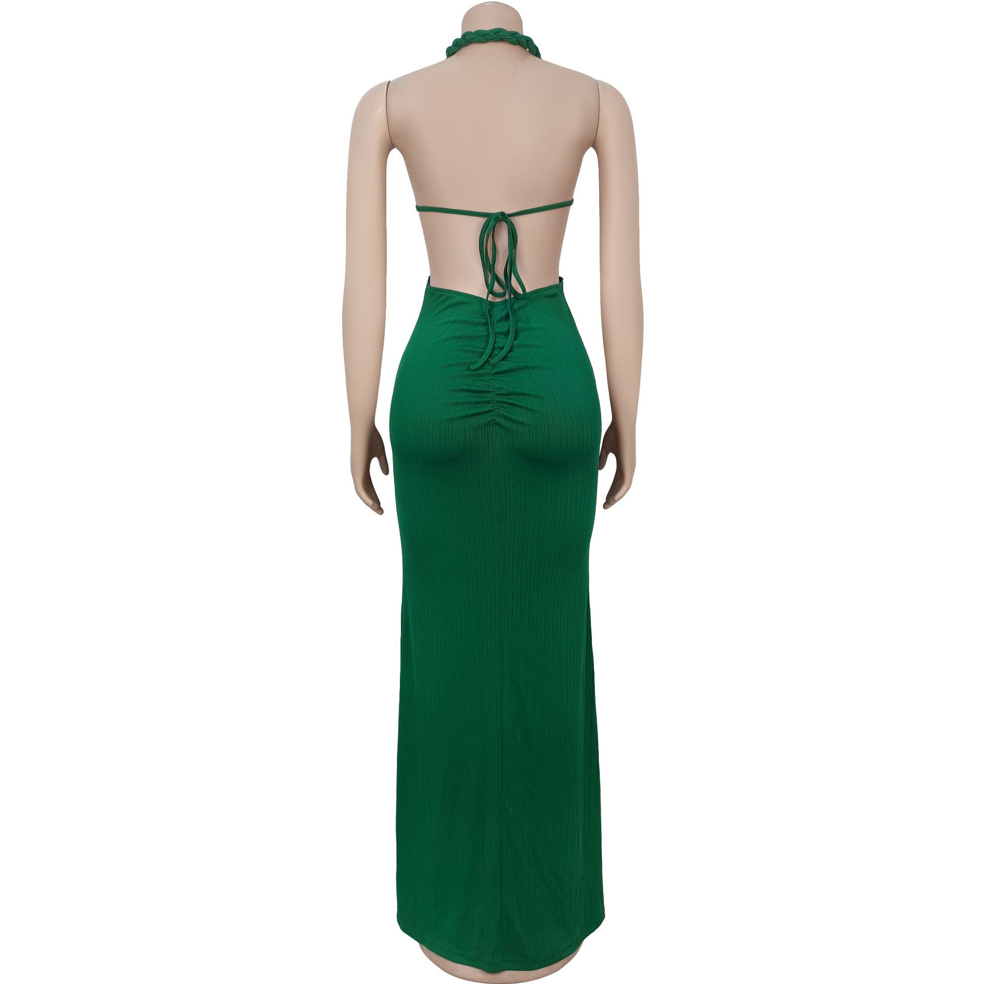 CM.YAYA Women Hemp Rope Halter Neck Stacked Ruched High Split Knit Bodycon Midi Maxi Long Dress 2025 Birthday Sexy Party Dresses