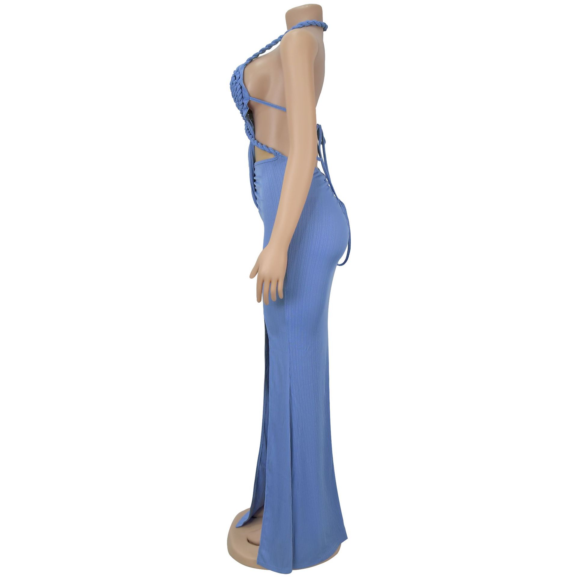 CM.YAYA Women Hemp Rope Halter Neck Stacked Ruched High Split Knit Bodycon Midi Maxi Long Dress 2025 Birthday Sexy Party Dresses CM.YAYA Women Hemp Rope Halter Neck Stacked Ruched High Split Knit Bodycon Midi Maxi Long Dress 2025 Birthday Sexy Party Dresses