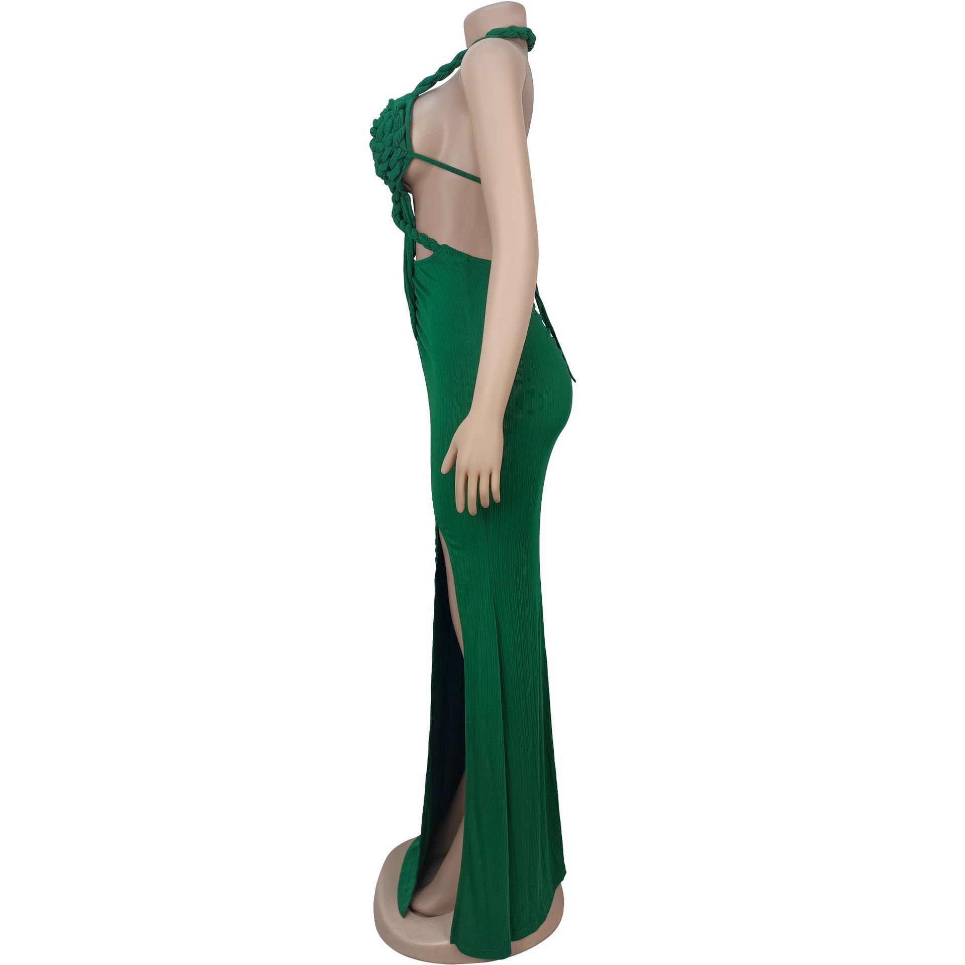 CM.YAYA Women Hemp Rope Halter Neck Stacked Ruched High Split Knit Bodycon Midi Maxi Long Dress 2025 Birthday Sexy Party Dresses CM.YAYA Women Hemp Rope Halter Neck Stacked Ruched High Split Knit Bodycon Midi Maxi Long Dress 2025 Birthday Sexy Party Dresses