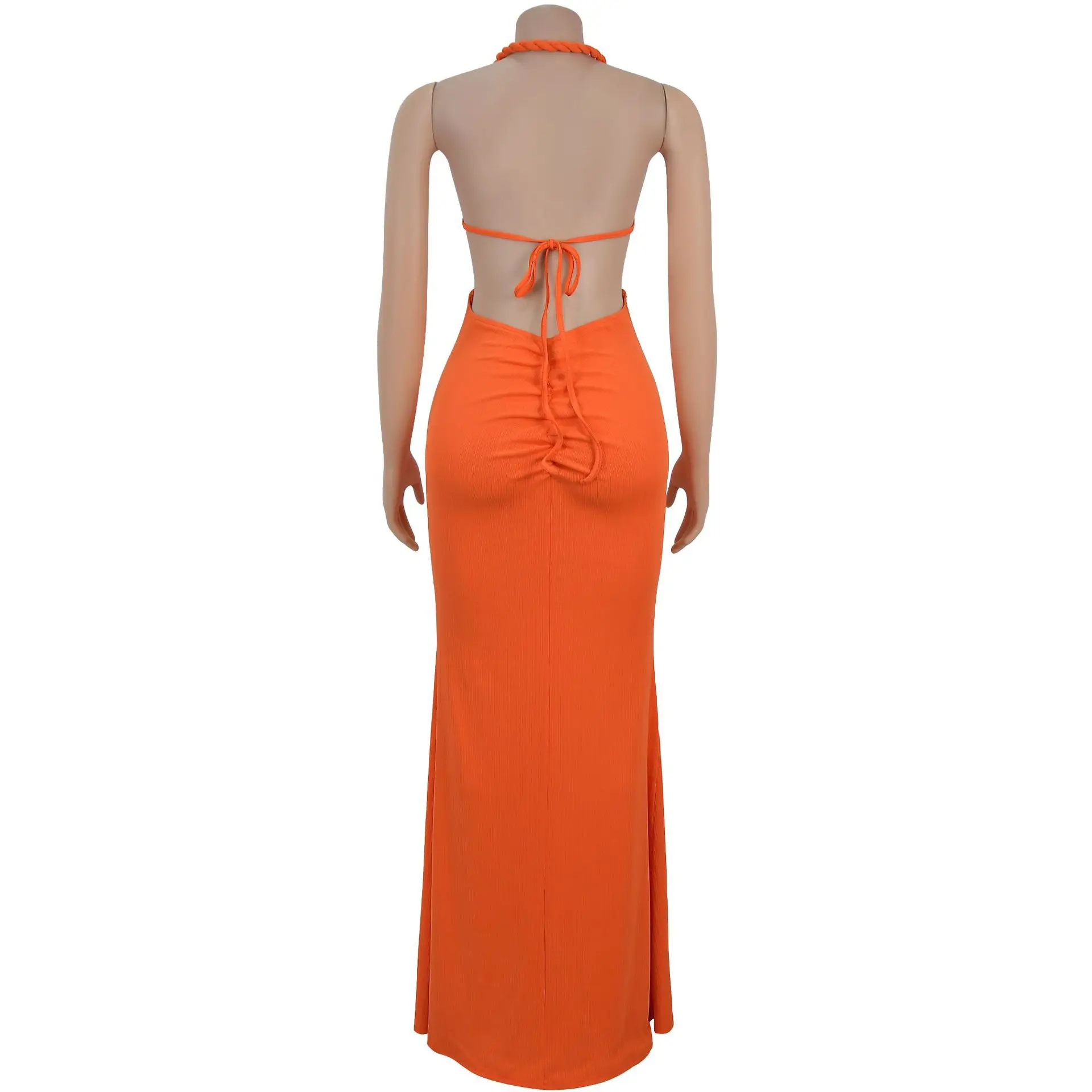 CM.YAYA Women Hemp Rope Halter Neck Stacked Ruched High Split Knit Bodycon Midi Maxi Long Dress 2025 Birthday Sexy Party Dresses CM.YAYA Women Hemp Rope Halter Neck Stacked Ruched High Split Knit Bodycon Midi Maxi Long Dress 2025 Birthday Sexy Party Dresses