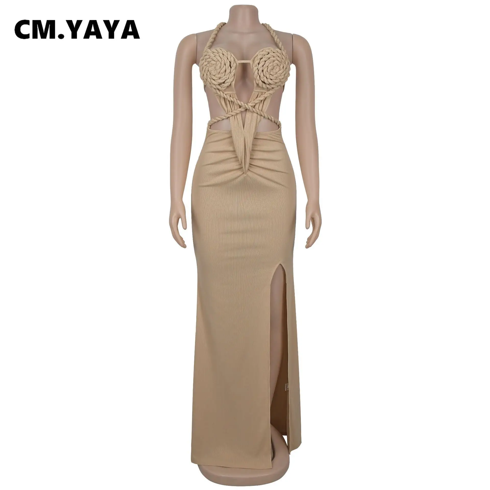 CM.YAYA Women Hemp Rope Halter Neck Stacked Ruched High Split Knit Bodycon Midi Maxi Long Dress 2025 Birthday Sexy Party Dresses