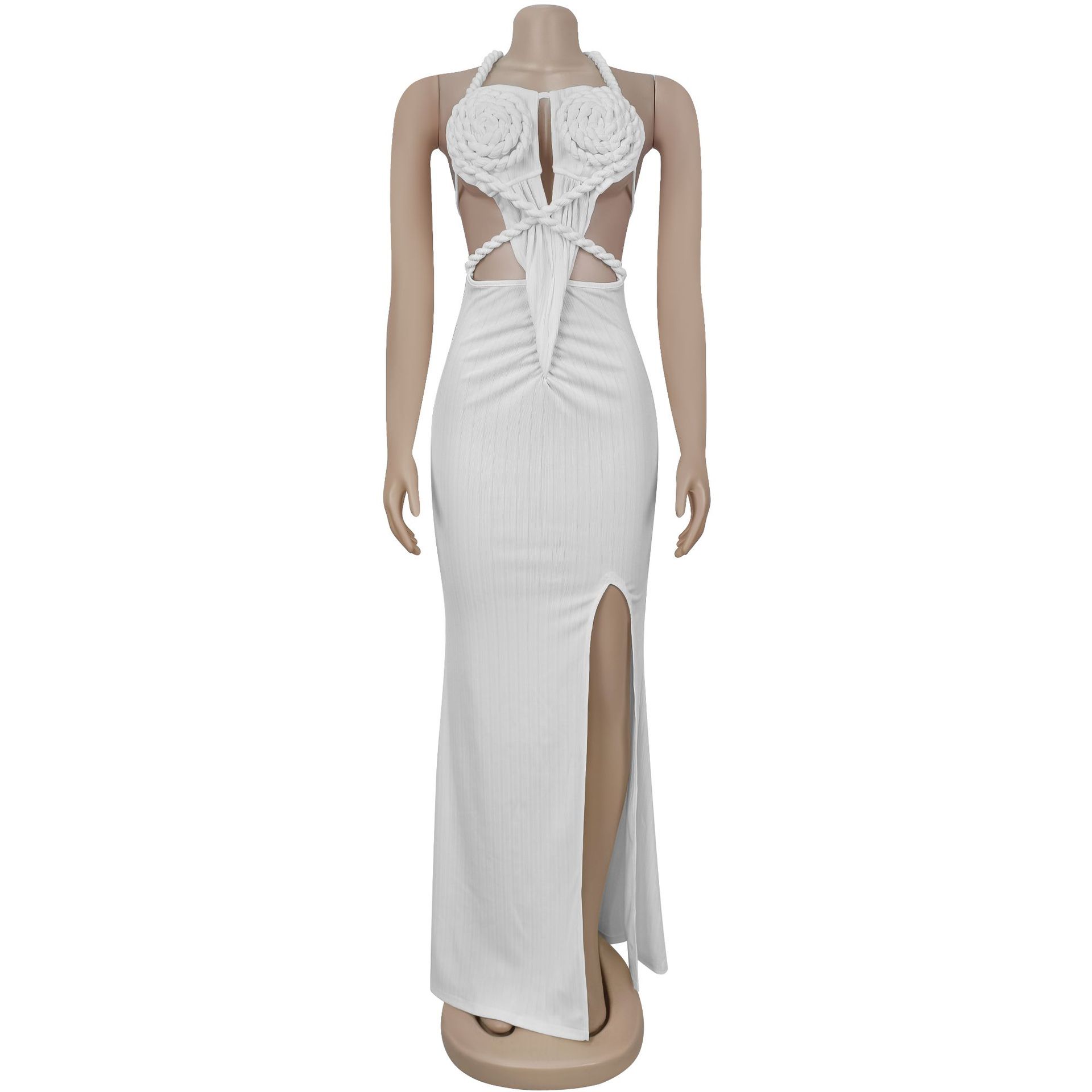 CM.YAYA Women Hemp Rope Halter Neck Stacked Ruched High Split Knit Bodycon Midi Maxi Long Dress 2025 Birthday Sexy Party Dresses CM.YAYA Women Hemp Rope Halter Neck Stacked Ruched High Split Knit Bodycon Midi Maxi Long Dress 2025 Birthday Sexy Party Dresses