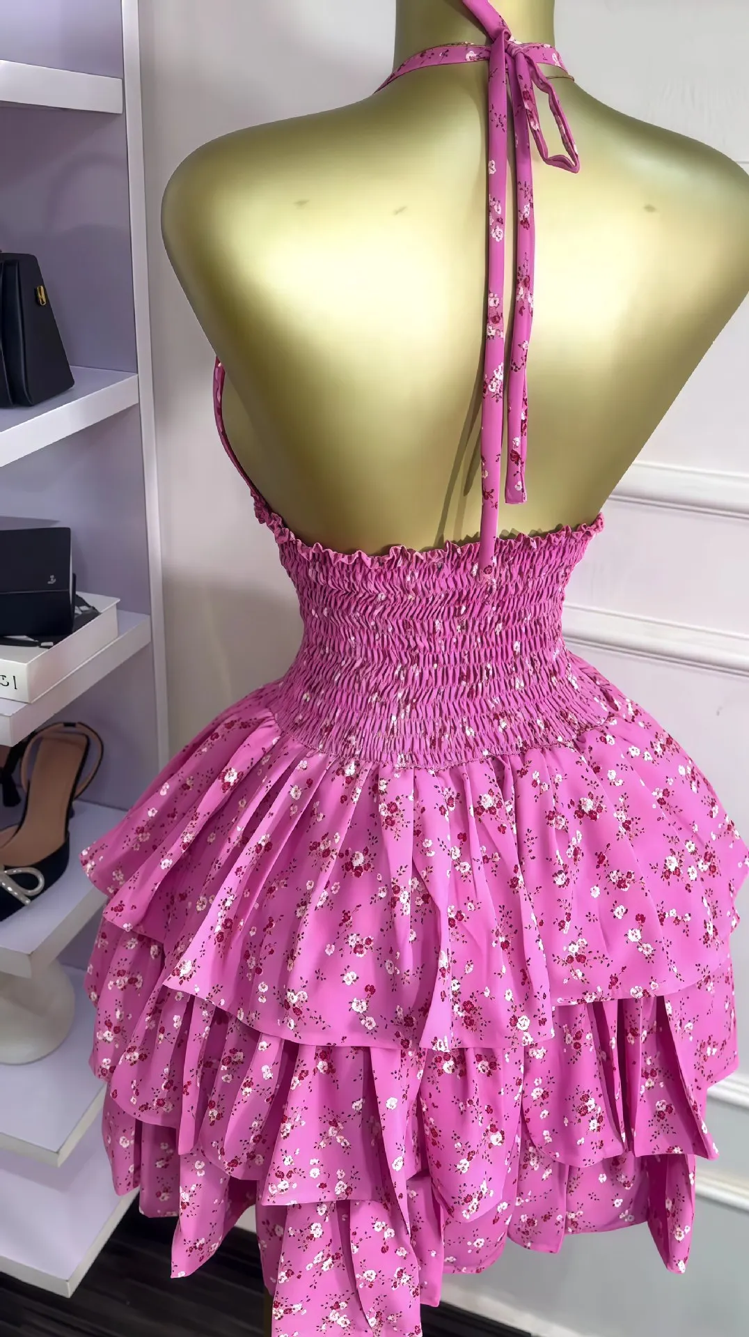 CM.YAYA Women Floral Printed Halter Ruffles Midi A-line Tiered Mini Dress Fall Vacation Elegant Evening Birthday Party Dresses CM.YAYA Women Floral Printed Halter Ruffles Midi A-line Tiered Mini Dress Fall Vacation Elegant Evening Birthday Party Dresses