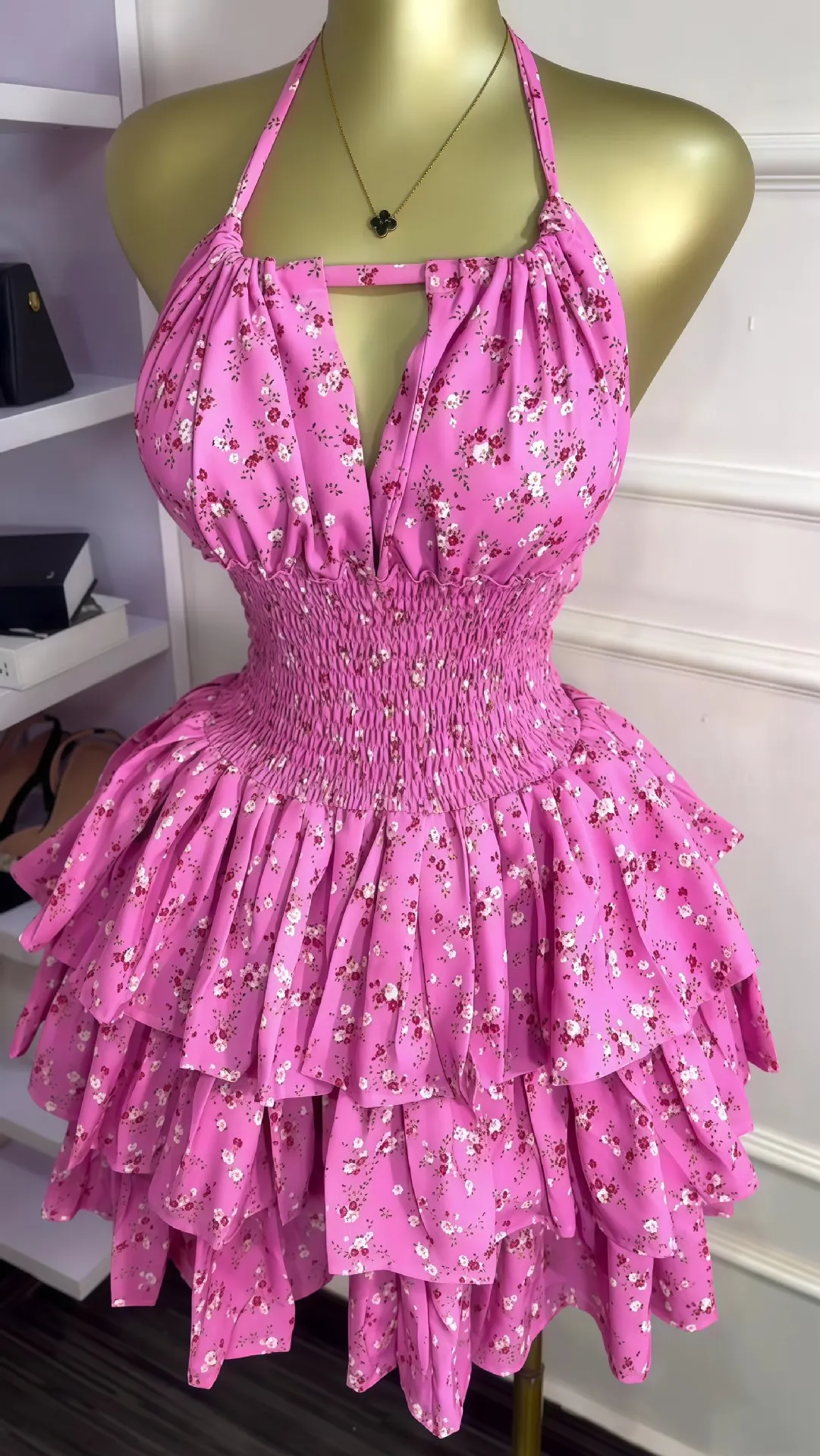 CM.YAYA Women Floral Printed Halter Ruffles Midi A-line Tiered Mini Dress Fall Vacation Elegant Evening Birthday Party Dresses