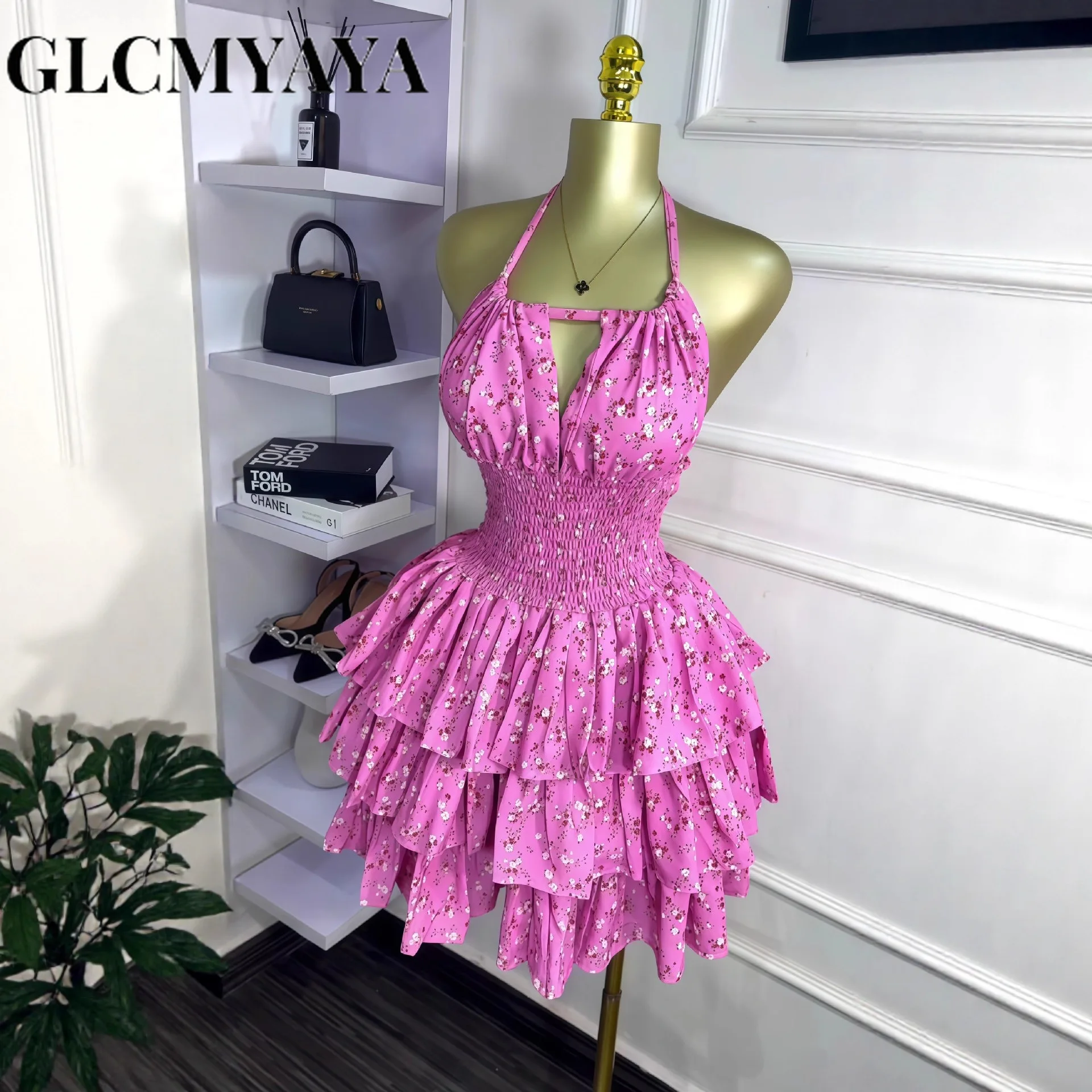 CM.YAYA Women Floral Printed Halter Ruffles Midi A-line Tiered Mini Dress Fall Vacation Elegant Evening Birthday Party Dresses