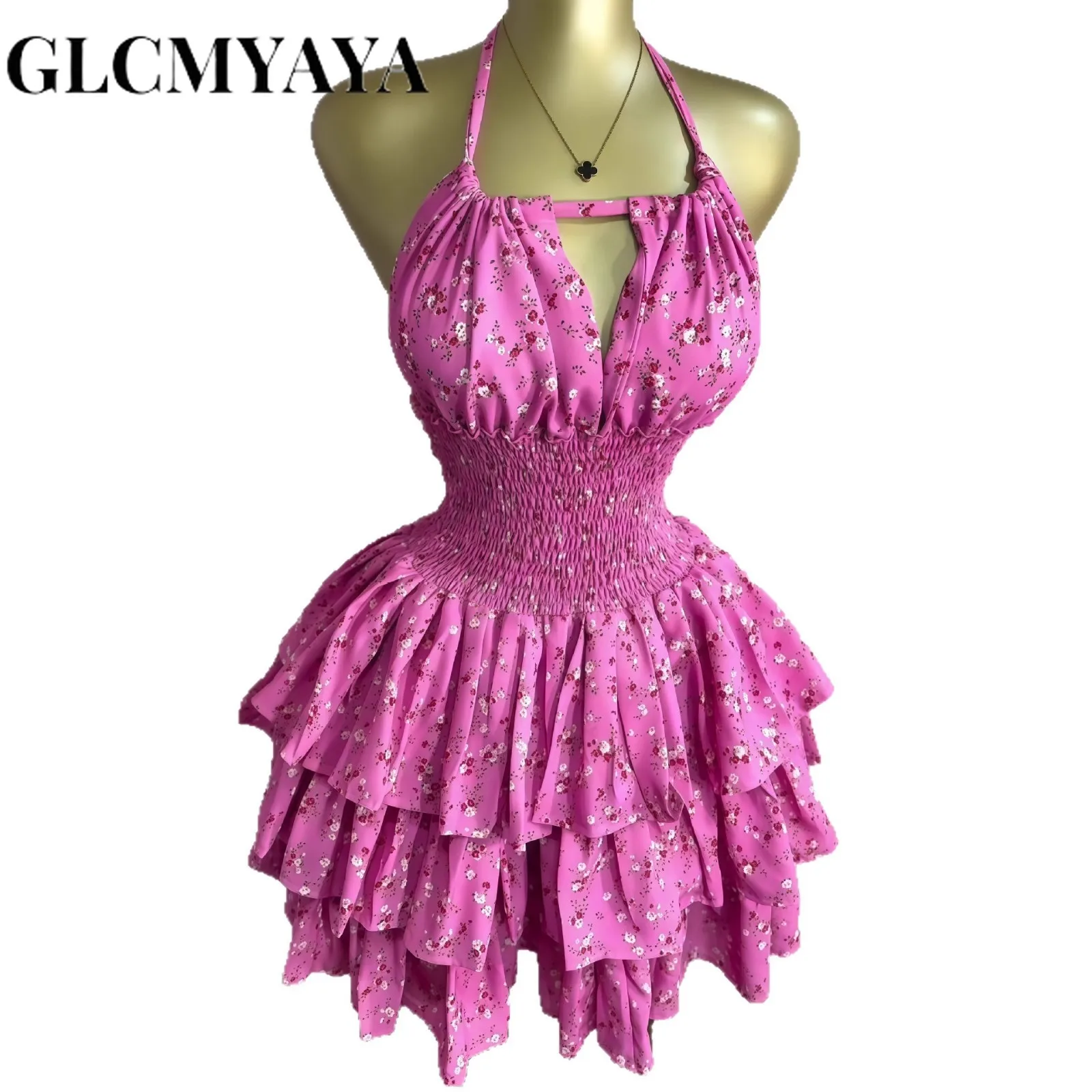 CM.YAYA Women Floral Printed Halter Ruffles Midi A-line Tiered Mini Dress Fall Vacation Elegant Evening Birthday Party Dresses