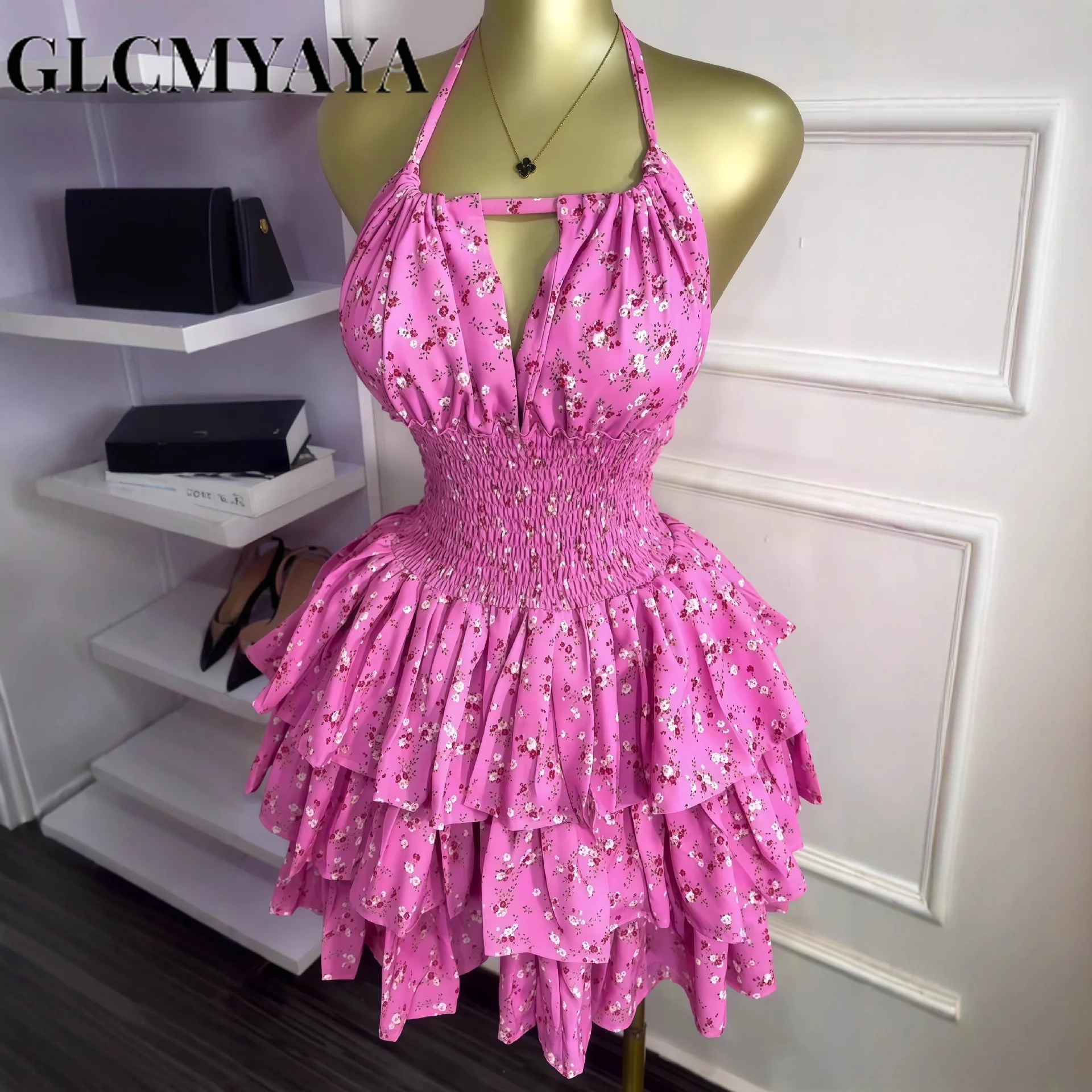 CM.YAYA Women Floral Printed Halter Ruffles Midi A-line Tiered Mini Dress Fall Vacation Elegant Evening Birthday Party Dresses