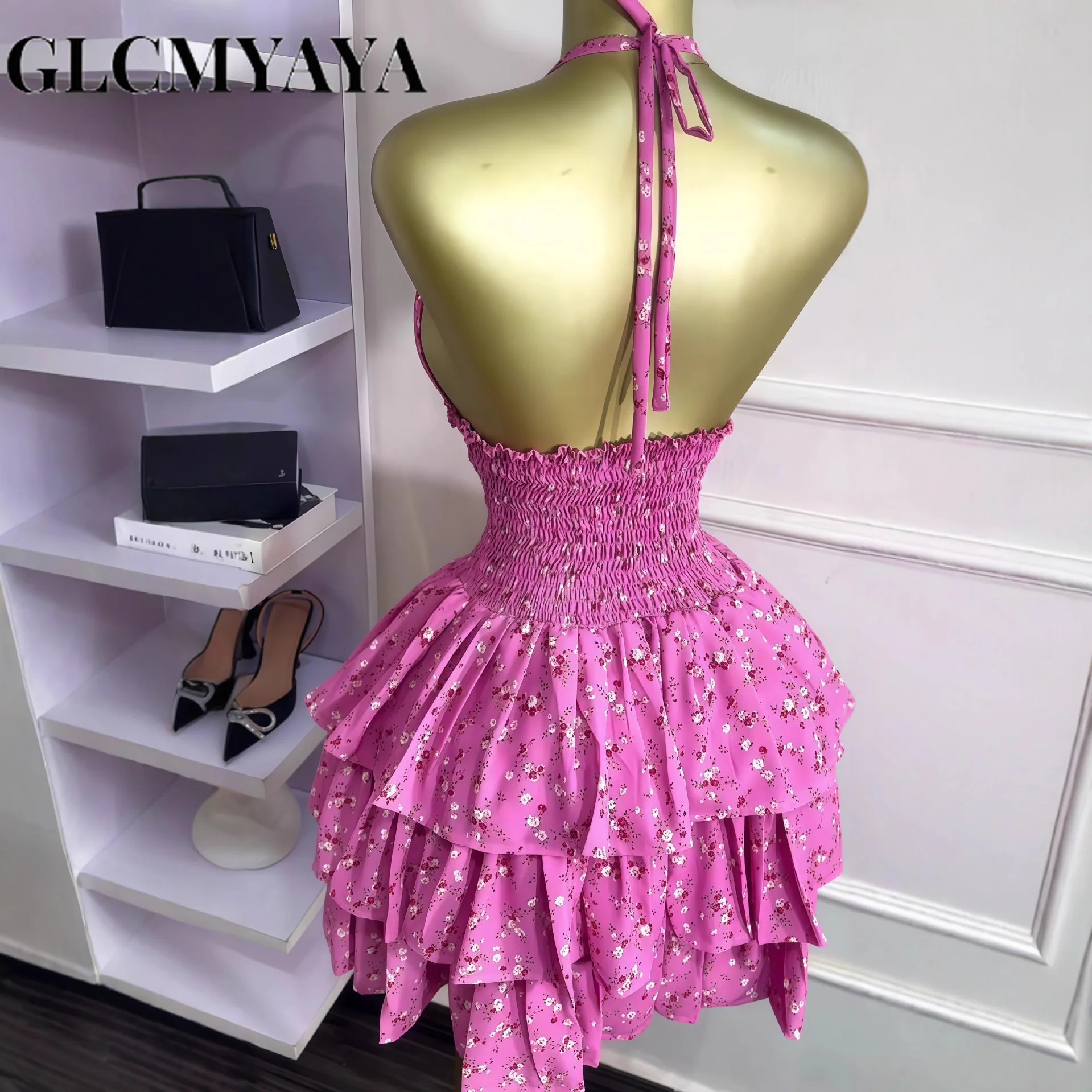 CM.YAYA Women Floral Printed Halter Ruffles Midi A-line Tiered Mini Dress Fall Vacation Elegant Evening Birthday Party Dresses