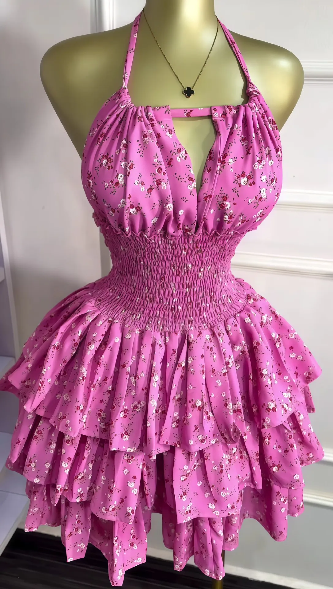 CM.YAYA Women Floral Printed Halter Ruffles Midi A-line Tiered Mini Dress Fall Vacation Elegant Evening Birthday Party Dresses