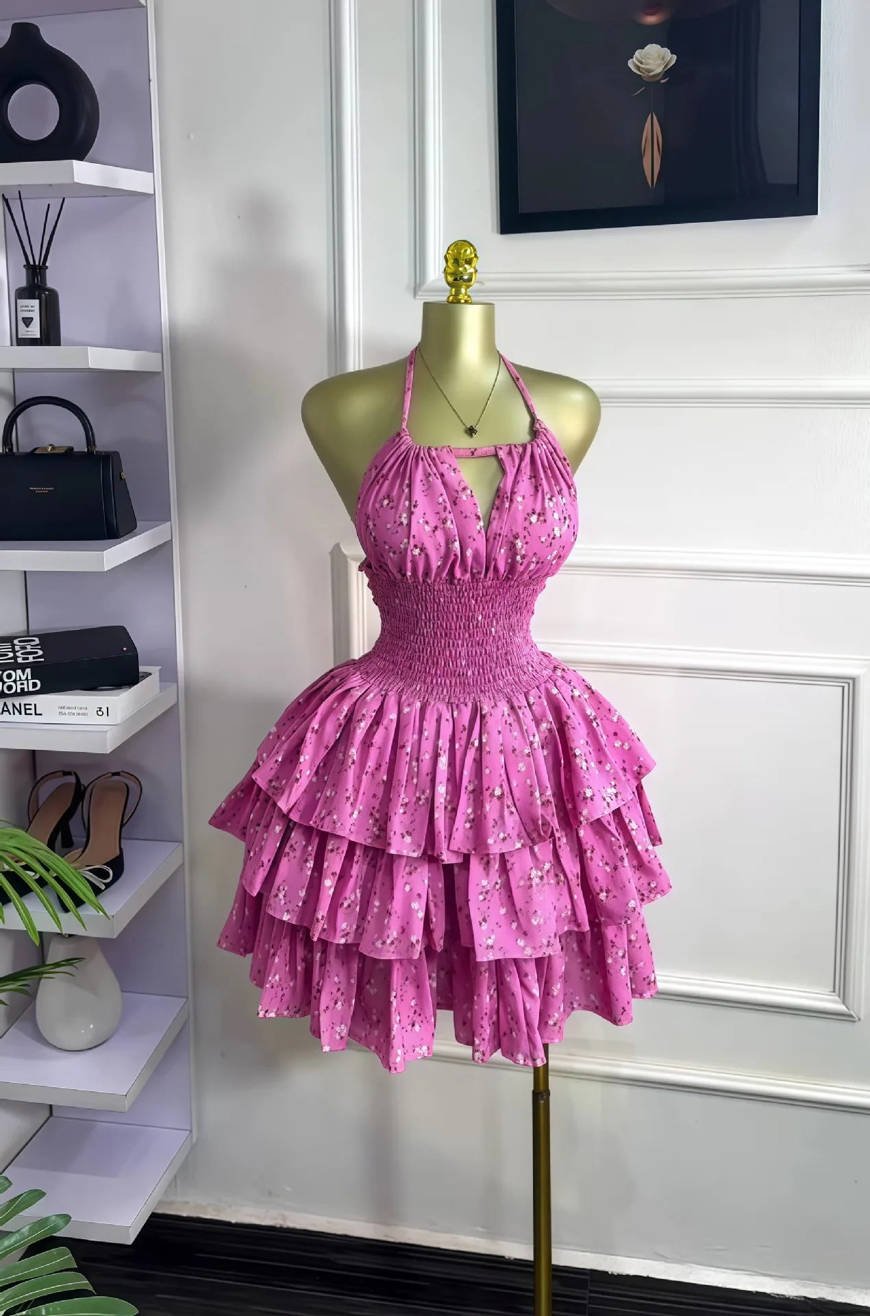 CM.YAYA Women Floral Printed Halter Ruffles Midi A-line Tiered Mini Dress Fall Vacation Elegant Evening Birthday Party Dresses