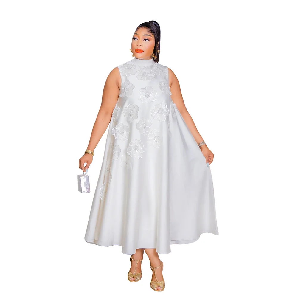 CM.YAYA Elegant Women Sleeveless Loose 3D Flower O-neck Dress 2025 Summer Bodycon African Street Midi Maxi Long Dresses Vestidos