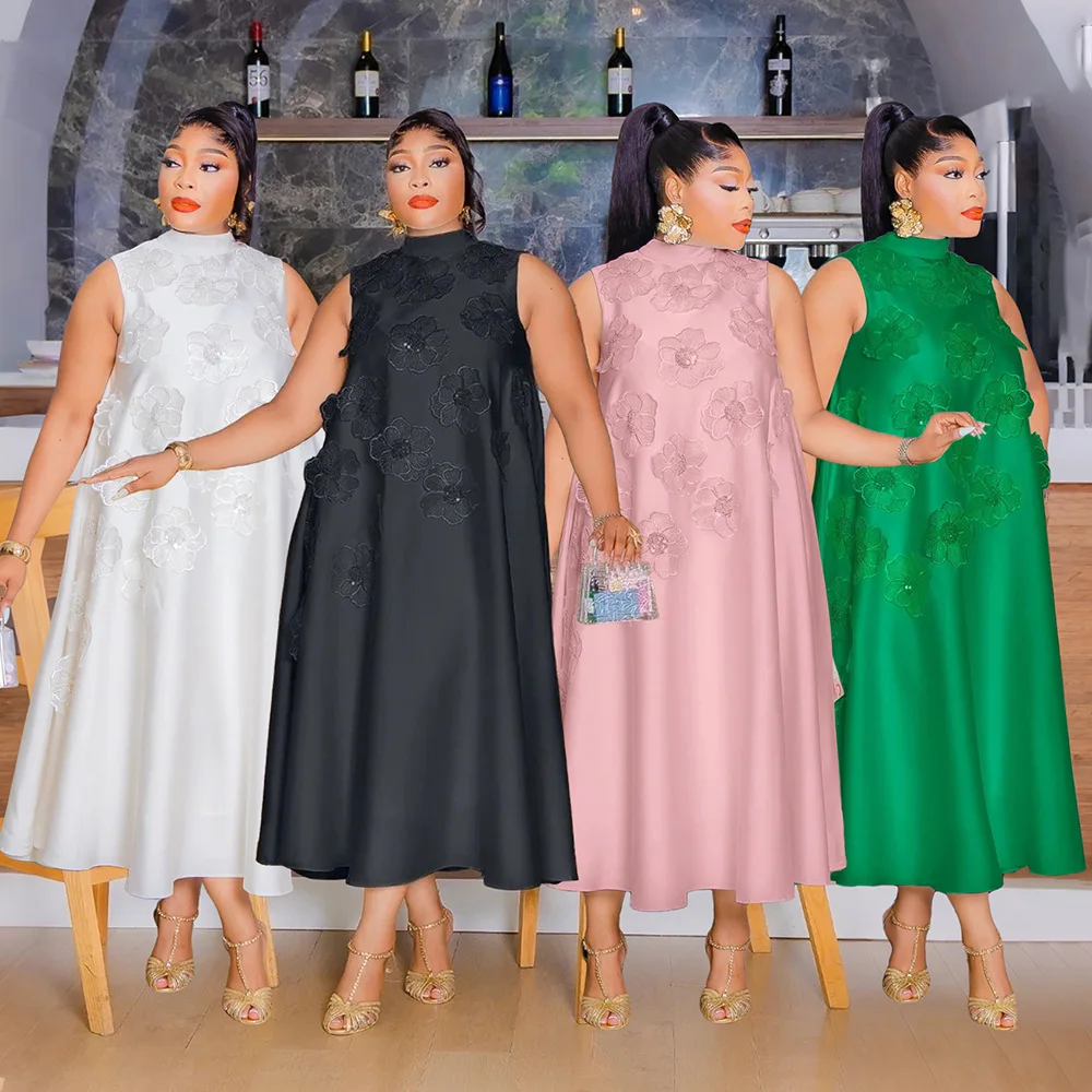 CM.YAYA Elegant Women Sleeveless Loose 3D Flower O-neck Dress 2025 Summer Bodycon African Street Midi Maxi Long Dresses Vestidos