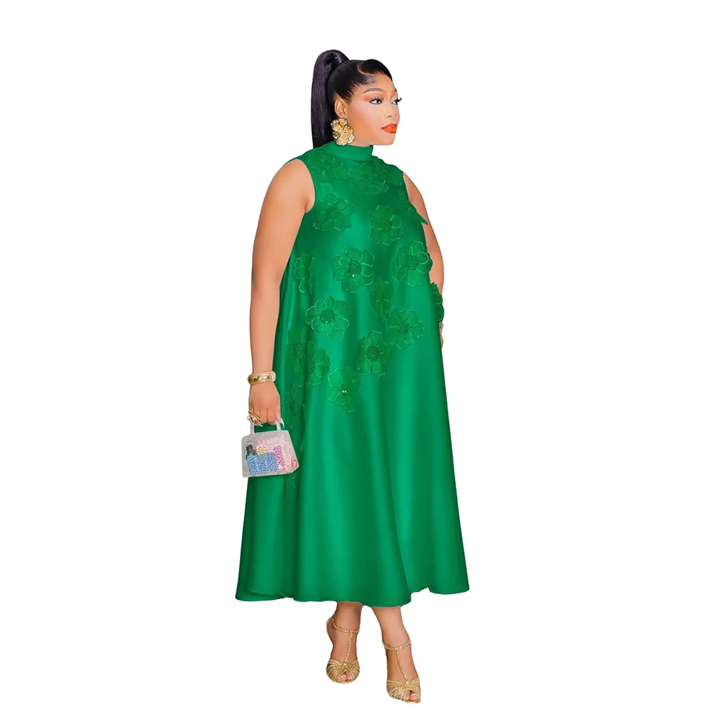 CM.YAYA Elegant Women Sleeveless Loose 3D Flower O-neck Dress 2025 Summer Bodycon African Street Midi Maxi Long Dresses Vestidos