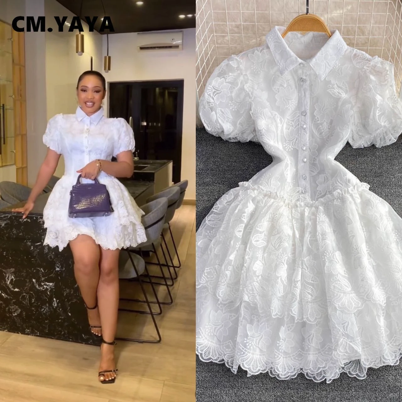 CM.YAYA Women Short Sleeve Lace Embroidery A-line Tiered Mini Dress 2025 Sweet Elegant Sexy Evening Night Party Vestidos Dresses CM.YAYA Women Short Sleeve Lace Embroidery A-line Tiered Mini Dress 2025 Sweet Elegant Sexy Evening Night Party Vestidos Dresses