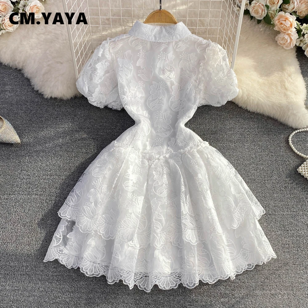 CM.YAYA Women Short Sleeve Lace Embroidery A-line Tiered Mini Dress 2025 Sweet Elegant Sexy Evening Night Party Vestidos Dresses CM.YAYA Women Short Sleeve Lace Embroidery A-line Tiered Mini Dress 2025 Sweet Elegant Sexy Evening Night Party Vestidos Dresses