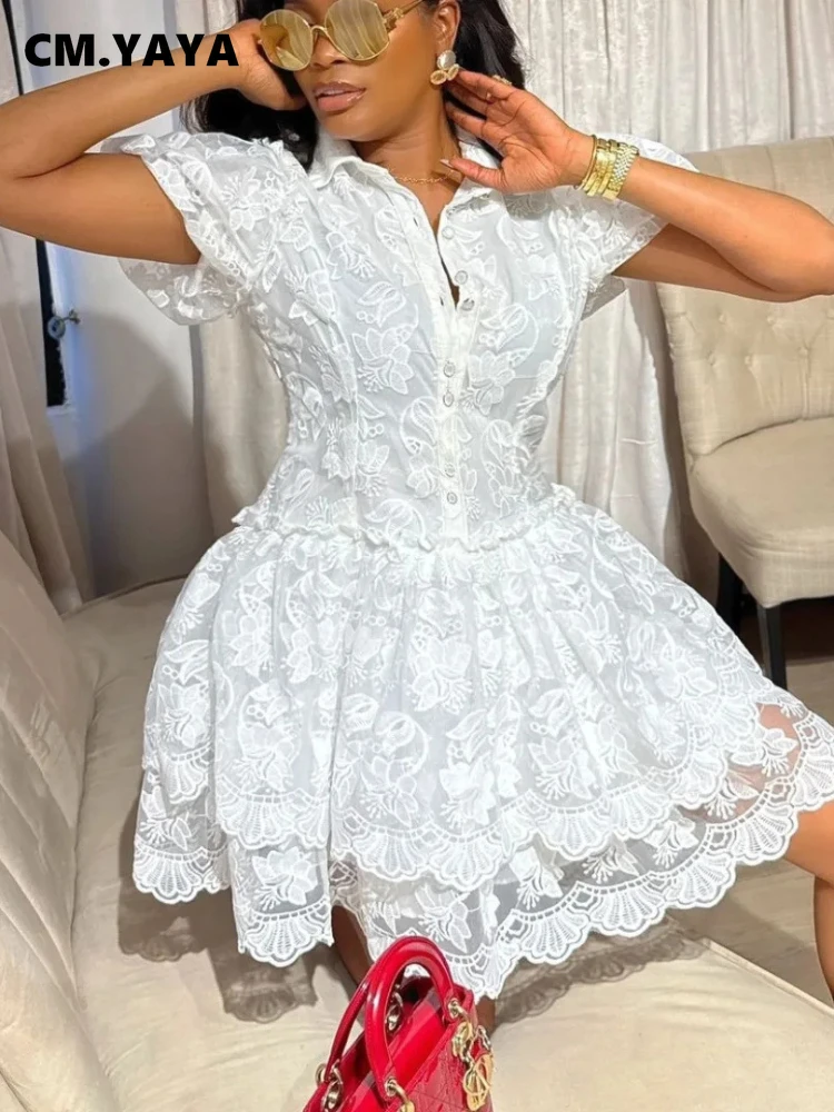 CM.YAYA Women Short Sleeve Lace Embroidery A-line Tiered Mini Dress 2025 Sweet Elegant Sexy Evening Night Party Vestidos Dresses CM.YAYA Women Short Sleeve Lace Embroidery A-line Tiered Mini Dress 2025 Sweet Elegant Sexy Evening Night Party Vestidos Dresses
