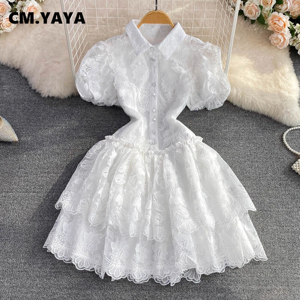 CM.YAYA Women Short Sleeve Lace Embroidery A-line Tiered Mini Dress 2025 Sweet Elegant Sexy Evening Night Party Vestidos Dresses CM.YAYA Women Short Sleeve Lace Embroidery A-line Tiered Mini Dress 2025 Sweet Elegant Sexy Evening Night Party Vestidos Dresses