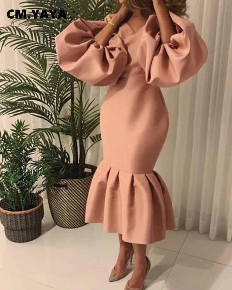 CM.YAYA Women Evening Dress Solid Full Puff Sleeve V-neck Long Maxi Trumpet Dresses Fashion Vintage Party Vestidos Fall Outfit
