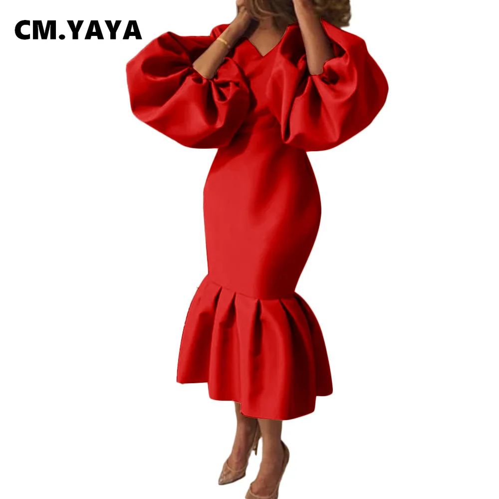 CM.YAYA Women Evening Dress Solid Full Puff Sleeve V-neck Long Maxi Trumpet Dresses Fashion Vintage Party Vestidos Fall Outfit