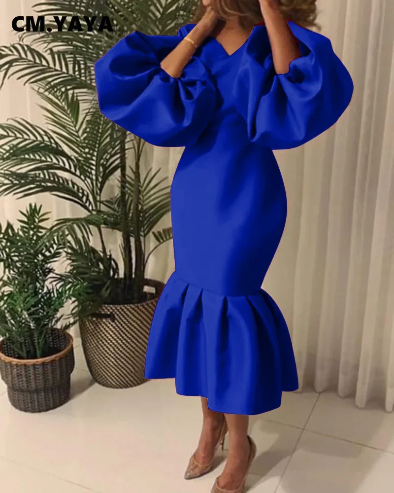 CM.YAYA Women Evening Dress Solid Full Puff Sleeve V-neck Long Maxi Trumpet Dresses Fashion Vintage Party Vestidos Fall Outfit