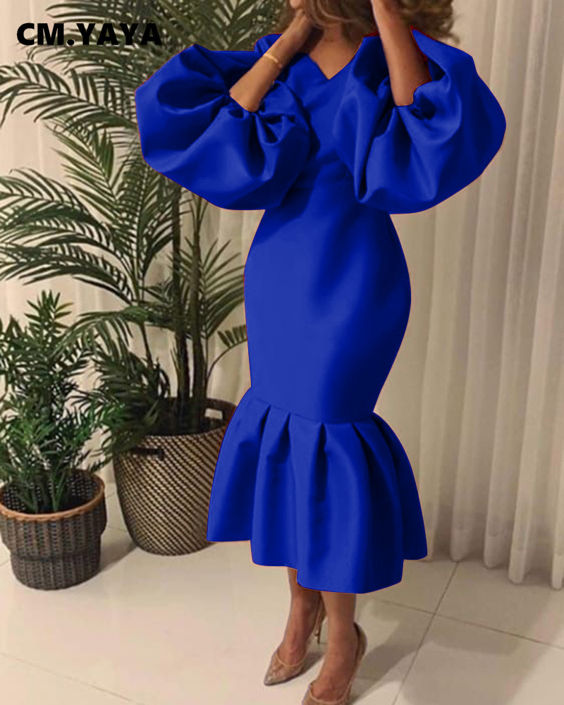 CM.YAYA Women Evening Dress Solid Full Puff Sleeve V-neck Long Maxi Trumpet Dresses Fashion Vintage Party Vestidos Fall Outfit
