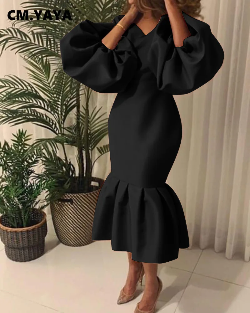 CM.YAYA Women Evening Dress Solid Full Puff Sleeve V-neck Long Maxi Trumpet Dresses Fashion Vintage Party Vestidos Fall Outfit