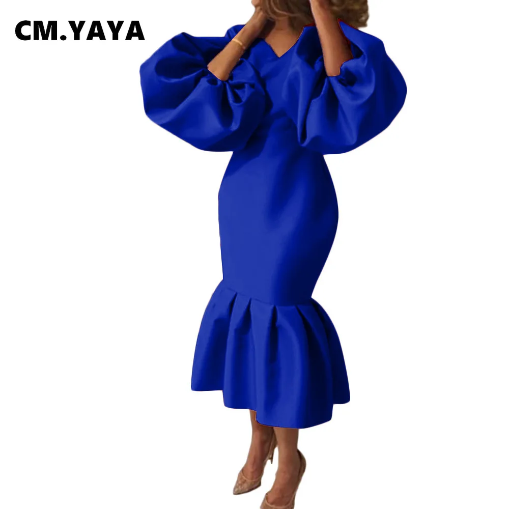 CM.YAYA Women Evening Dress Solid Full Puff Sleeve V-neck Long Maxi Trumpet Dresses Fashion Vintage Party Vestidos Fall Outfit