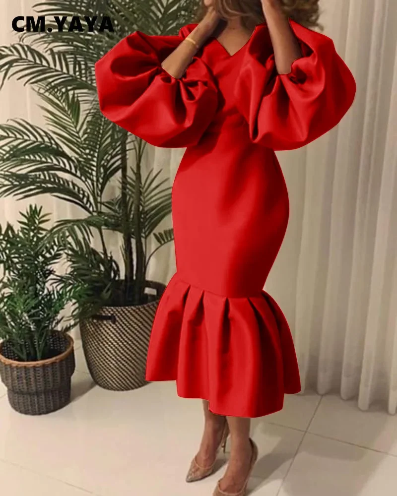 CM.YAYA Women Evening Dress Solid Full Puff Sleeve V-neck Long Maxi Trumpet Dresses Fashion Vintage Party Vestidos Fall Outfit