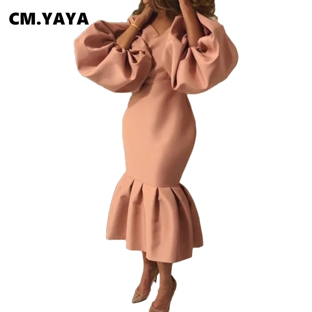 CM.YAYA Women Evening Dress Solid Full Puff Sleeve V-neck Long Maxi Trumpet Dresses Fashion Vintage Party Vestidos Fall Outfit