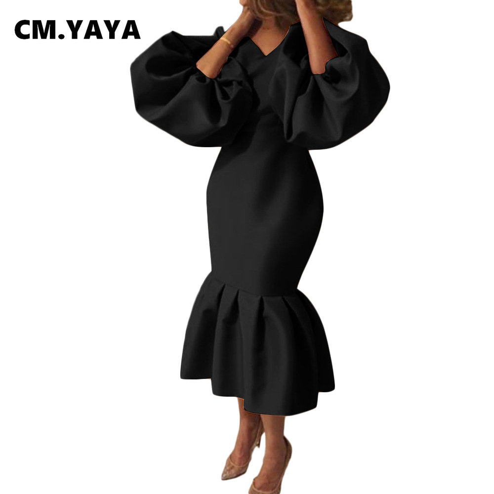 CM.YAYA Women Evening Dress Solid Full Puff Sleeve V-neck Long Maxi Trumpet Dresses Fashion Vintage Party Vestidos Fall Outfit
