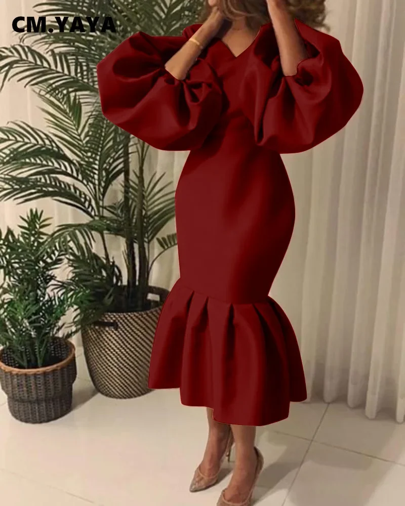 CM.YAYA Women Evening Dress Solid Full Puff Sleeve V-neck Long Maxi Trumpet Dresses Fashion Vintage Party Vestidos Fall Outfit