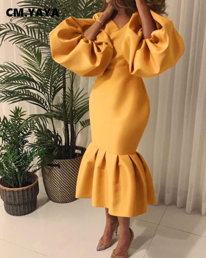 CM.YAYA Women Evening Dress Solid Full Puff Sleeve V-neck Long Maxi Trumpet Dresses Fashion Vintage Party Vestidos Fall Outfit