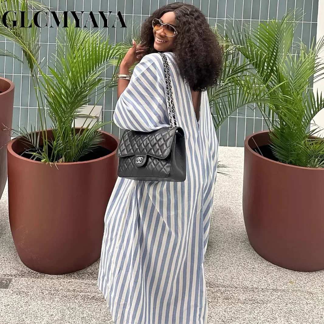 GLCMYAYA 2026 Fall Holiday Half Sleeve Striped Print V-Neck Loose Long Dress Street Africa Women Party Vestidos Dresses Vestidos