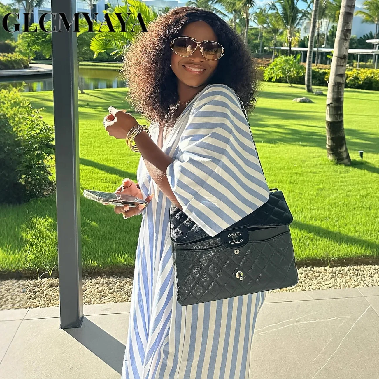 GLCMYAYA 2026 Fall Holiday Half Sleeve Striped Print V-Neck Loose Long Dress Street Africa Women Party Vestidos Dresses Vestidos