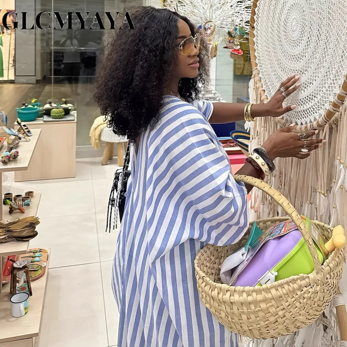 GLCMYAYA 2026 Fall Holiday Half Sleeve Striped Print V-Neck Loose Long Dress Street Africa Women Party Vestidos Dresses Vestidos