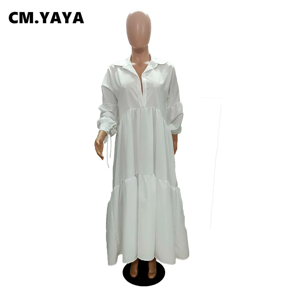 CM.YAYA Women Long Dress Solid Full Sleeve Turn-down Collar Loose A-line Maxi Dresses Without Belt Fashion Outfit Autumn 2021 CM.YAYA Women Long Dress Solid Full Sleeve Turn-down Collar Loose A-line Maxi Dresses Without Belt Fashion Outfit Autumn 2021