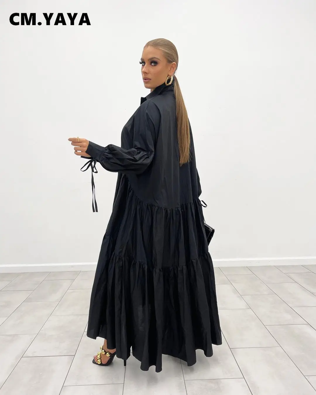 CM.YAYA Women Long Dress Solid Full Sleeve Turn-down Collar Loose A-line Maxi Dresses Without Belt Fashion Outfit Autumn 2021 CM.YAYA Women Long Dress Solid Full Sleeve Turn-down Collar Loose A-line Maxi Dresses Without Belt Fashion Outfit Autumn 2021