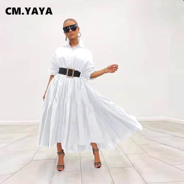 CM.YAYA Women Long Dress Solid Full Sleeve Turn-down Collar Loose A-line Maxi Dresses Without Belt Fashion Outfit Autumn 2021 CM.YAYA Women Long Dress Solid Full Sleeve Turn-down Collar Loose A-line Maxi Dresses Without Belt Fashion Outfit Autumn 2021