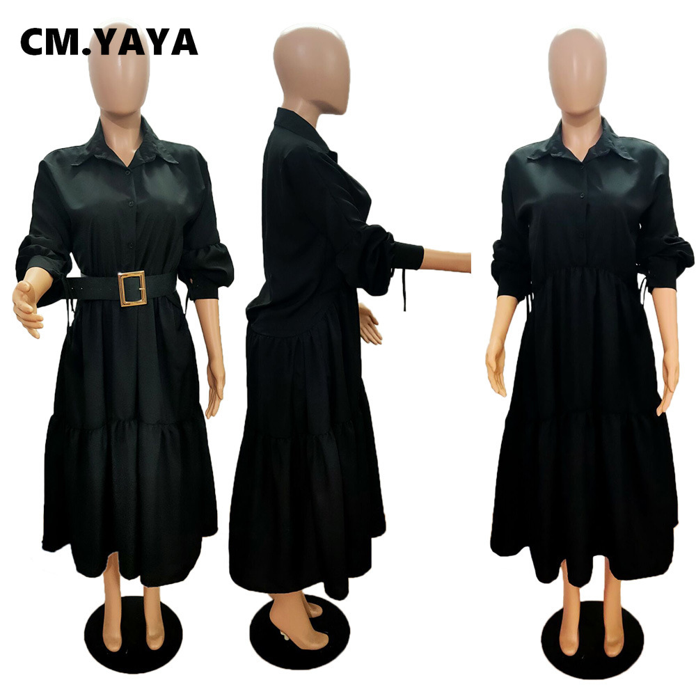CM.YAYA Women Long Dress Solid Full Sleeve Turn-down Collar Loose A-line Maxi Dresses Without Belt Fashion Outfit Autumn 2021 CM.YAYA Women Long Dress Solid Full Sleeve Turn-down Collar Loose A-line Maxi Dresses Without Belt Fashion Outfit Autumn 2021