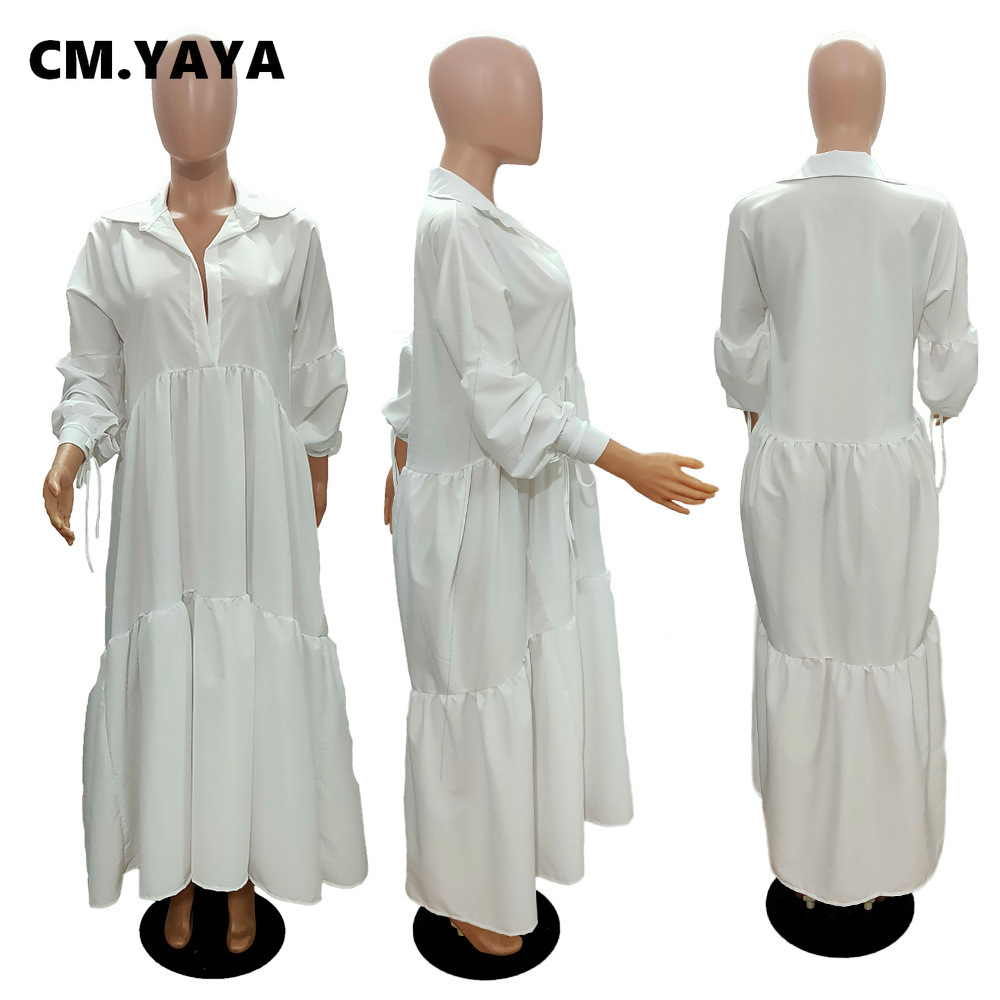 CM.YAYA Women Long Dress Solid Full Sleeve Turn-down Collar Loose A-line Maxi Dresses Without Belt Fashion Outfit Autumn 2021 CM.YAYA Women Long Dress Solid Full Sleeve Turn-down Collar Loose A-line Maxi Dresses Without Belt Fashion Outfit Autumn 2021