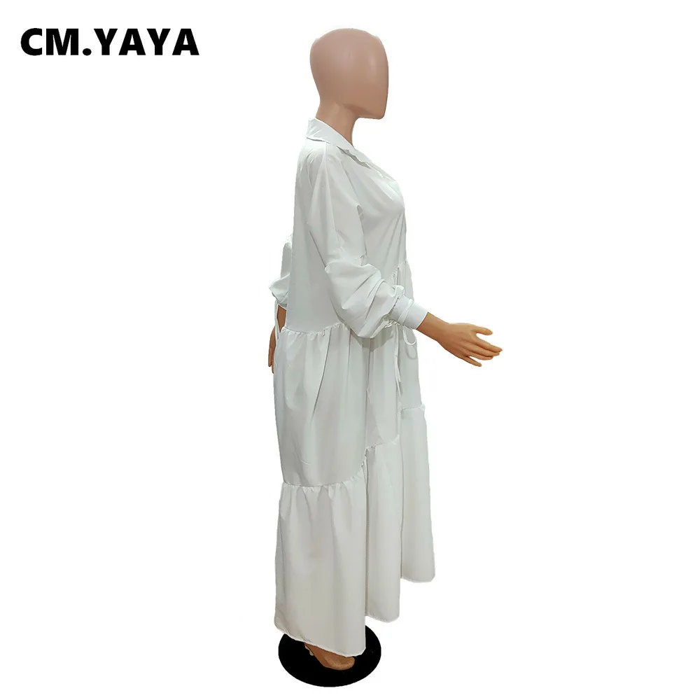 CM.YAYA Women Long Dress Solid Full Sleeve Turn-down Collar Loose A-line Maxi Dresses Without Belt Fashion Outfit Autumn 2021 CM.YAYA Women Long Dress Solid Full Sleeve Turn-down Collar Loose A-line Maxi Dresses Without Belt Fashion Outfit Autumn 2021