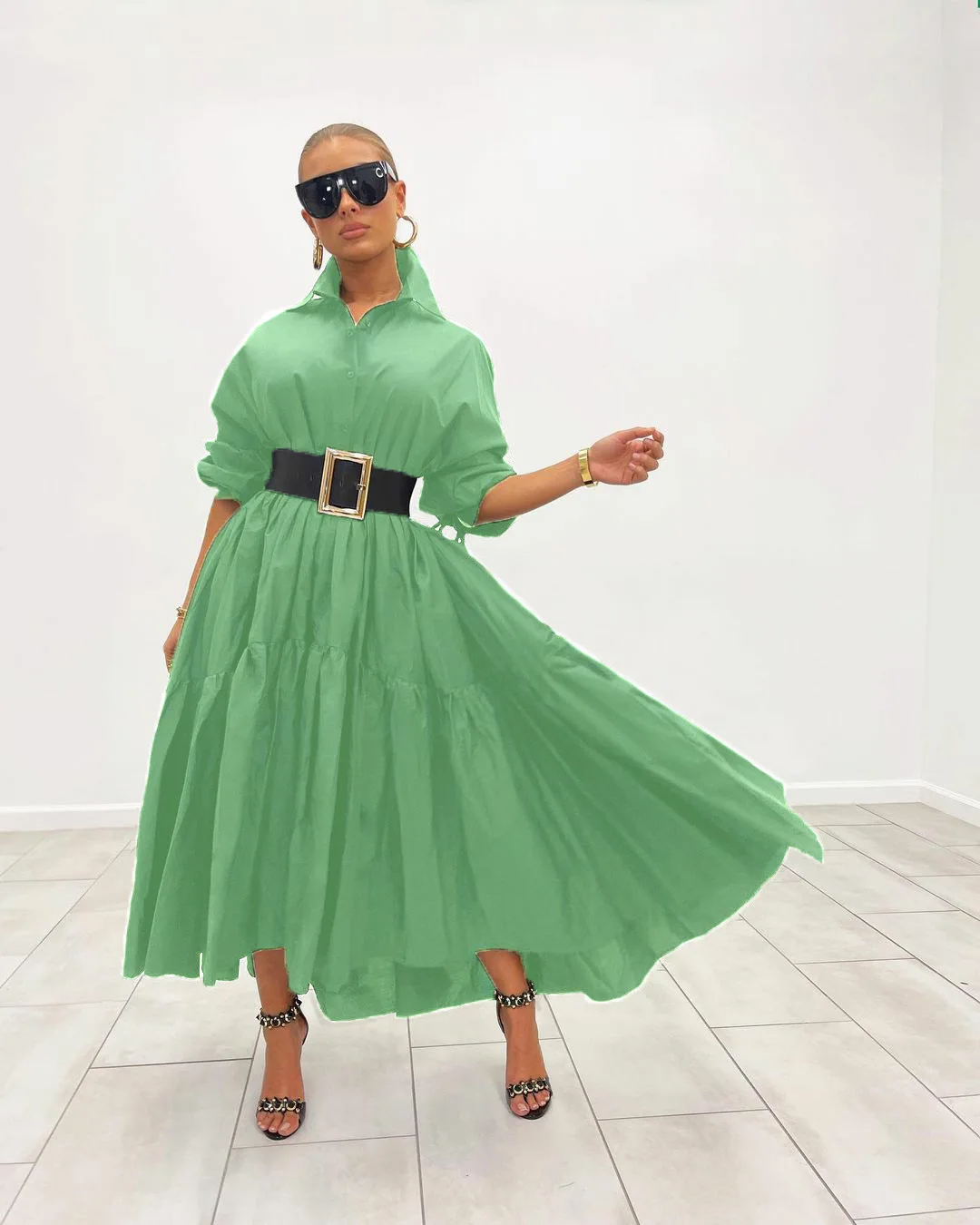 CM.YAYA Women Long Dress Solid Full Sleeve Turn-down Collar Loose A-line Maxi Dresses Without Belt Fashion Outfit Autumn 2021 CM.YAYA Women Long Dress Solid Full Sleeve Turn-down Collar Loose A-line Maxi Dresses Without Belt Fashion Outfit Autumn 2021