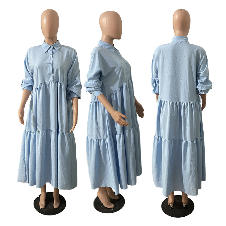 CM.YAYA Women Long Dress Solid Full Sleeve Turn-down Collar Loose A-line Maxi Dresses Without Belt Fashion Outfit Autumn 2021